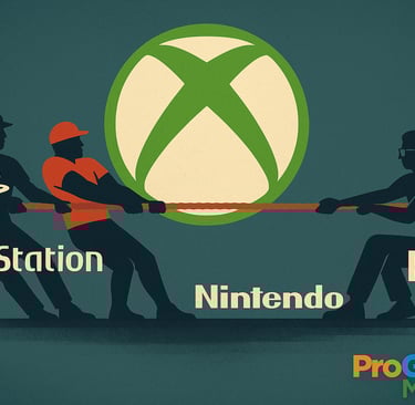 cabo de guerra entre figuras representando Xbox, PlayStation, Nintendo e PC, simbolizando a concorrê