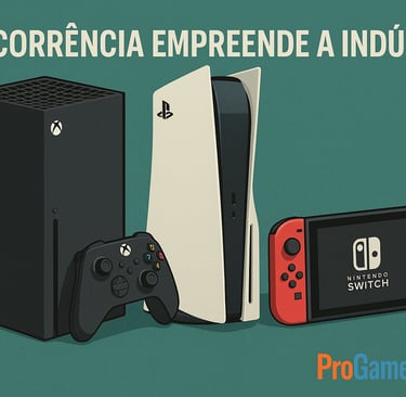 consoles Xbox Series X, PlayStation 5 e Nintendo Switch lado a lado sob o título “Concorrência"