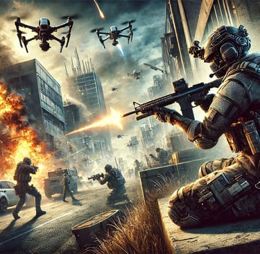 soldado em um ambiente urbano distópico, envolvido em um tiroteio intenso com drones e inimigos