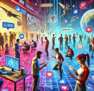 Avatares interagindo em um mundo digital multiplayer, destacando colaboração e comunicação.