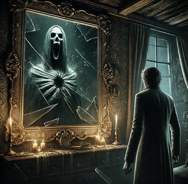 a man in a white coat standing in front of a mirror