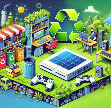 Estação de reciclagem, desenvolvedores ecológicos e um console solar representando sustentabilidade 