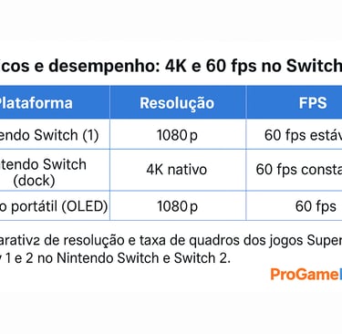 Tabela comparando desempenho de Super Mario Galaxy 1 e 2 no Switch e Switch 2.