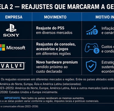 Tabela compara reajustes de preços da Sony, Microsoft e Valve entre 2022 e 2026