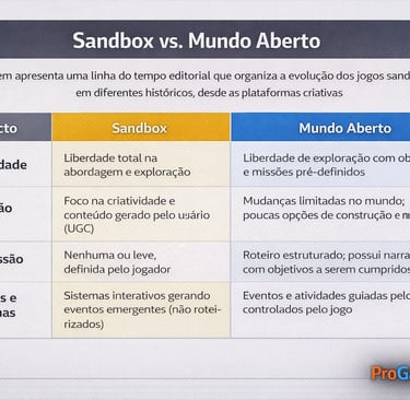 Tabela comparando jogos sandbox e jogos de mundo aberto, destacando liberdade criativa e progressão 