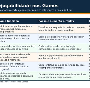 Tabela com tipos de rejogabilidade nos games