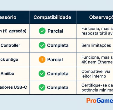 Tabela de compatibilidade mostrando quais acessórios do Switch 1 funcionam totalmente ou parcialment