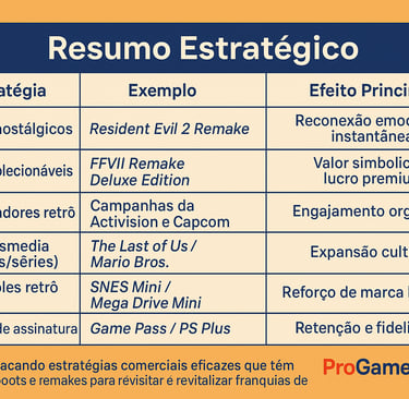 Tabela com estratégias comerciais e exemplos de remakes e reboots de sucesso no mercado gamer.