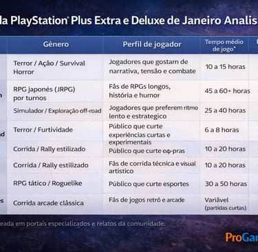 Tabela comparativa dos jogos da PlayStation Plus Extra e Deluxe de janeiro para PS4 e PS5