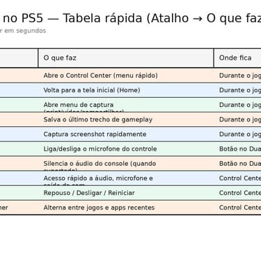 Tabela de atalhos do PS5 com função e localização no controle e no sistema