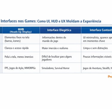 Tabela comparativa entre HUD, interface diegética e interface contextual.