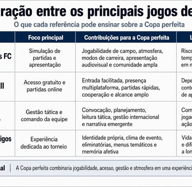 Tabela compara EA Sports FC, eFootball, Football Manager e jogos antigos da Copa