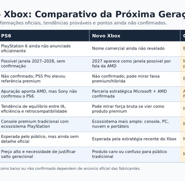 Tabela comparativa entre PS6 e novo Xbox.