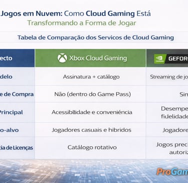 Tabela comparativa entre Xbox Cloud Gaming e GeForce NOW por modelo, foco e público