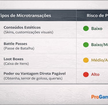 Tabela comparando tipos de microtransações em jogos online e seus níveis de risco de pay to win