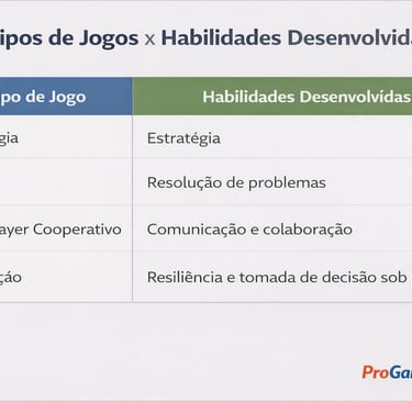 Tabela relaciona gêneros de jogos digitais às principais habilidades aplicáveis ao mercado de trabal