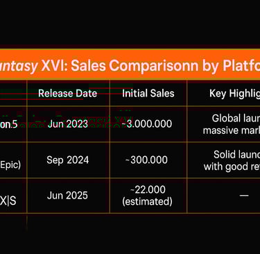 Tabela comparativa de vendas de Final Fantasy XVI em PS5, PC e Xbox.