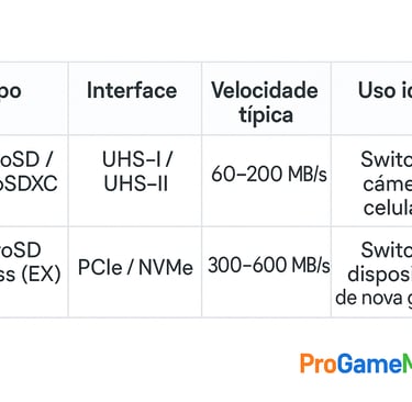 Tabela comparando microSD comum e microSD Express com dados técnicos.