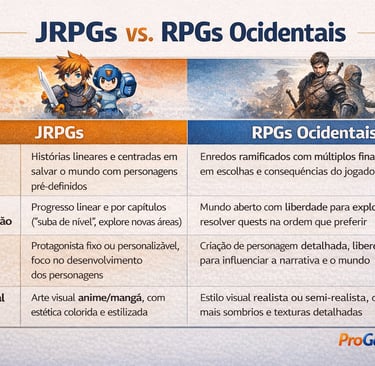 Tabela comparativa entre JRPGs e RPGs ocidentais com foco em narrativa, progressão e estilo visual