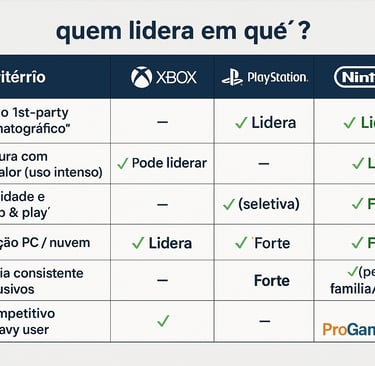 PlayStation lidera em exclusivos cinematográficos, o Xbox em nuvem e o Nintendo em portabilidade.