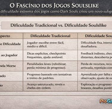 Tabela comparando dificuldade tradicional e dificuldade soulslike em feedback, punição e progressão