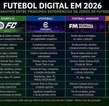 Tabela compara EA Sports FC, eFootball, Football Manager e FIFA Fantasy em 2026.