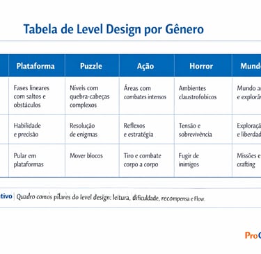Tabela comparando level design em plataforma, puzzle, ação, horror e mundo aberto.