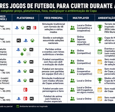 Tabela compara preço, plataformas e modos de oito jogos de futebol.