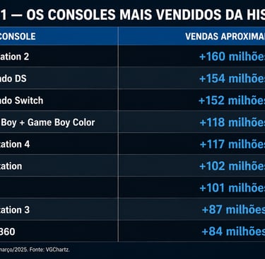 Tabela com os consoles mais vendidos da história e suas vendas aproximadas