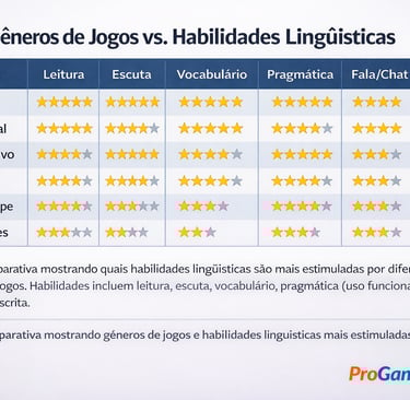Tabela comparando gêneros de jogos e habilidades linguísticas como leitura, escuta e fala