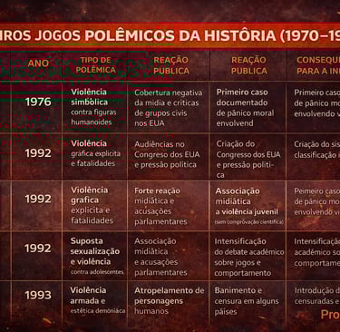 Tabela comparativa dos primeiros jogos polêmicos, suas controvérsias e impactos na indústria