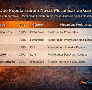 Tabela compara jogos clássicos, anos, gêneros e mecânicas fundamentais de gameplay popularizadas