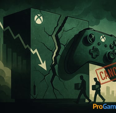 Console Xbox rachado com gráfico de queda, carimbo ‘Cancelled’ e funcionários saindo com caixas.