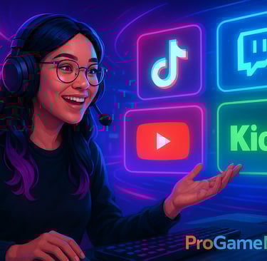 Streamer brasileira cercada por ícones luminosos de plataformas digitais