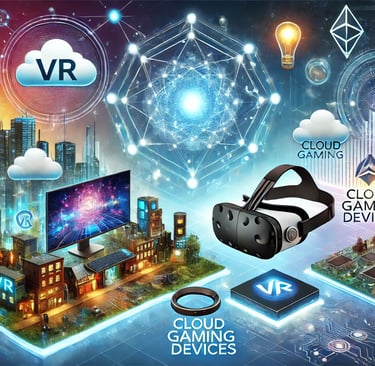 Ilustração futurista com tendências em games, incluindo realidade virtual, jogos em nuvem e blockcha
