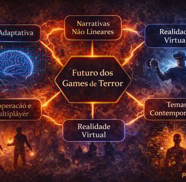 Mapa mental mostrando tendências futuras dos games de terror como IA adaptativa VR e narrativas não 