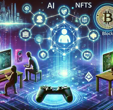 hologramas de IA, NFTs e blockchain conectados a um console, simbolizando tendências futuras 