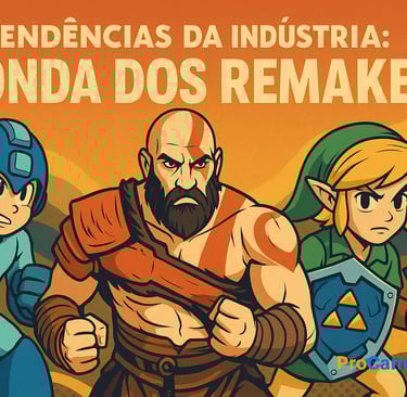 Mega Man, Kratos e Link em pôster retrô sobre a onda dos remakes.