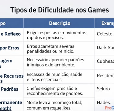 Quadro explicativo com tipos de dificuldade nos games, descrições resumidas e exemplos