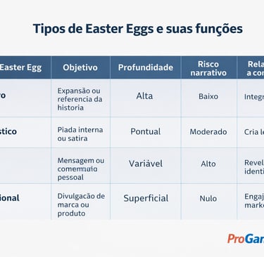 Tabela comparando tipos de Easter Eggs nos games e suas funções narrativas e culturais