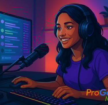 Gamer brasileira transmitindo ao vivo em setup iluminado por LEDs representando influenciadores game