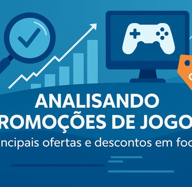 Gráfico de promoções de jogos com lupa, controle e etiqueta de desconto.
