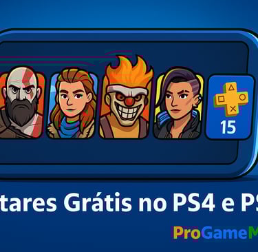 Avatares gratuitos do PS4 e PS5 com destaque visual para Kratos, Aloy e PS Plus.