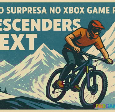 Arte horizontal com ciclista em descida de montanha nevada e destaque para o nome Descenders Next.