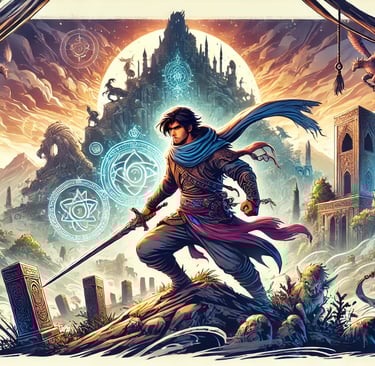 a man with a sword and a sword in front of a castle