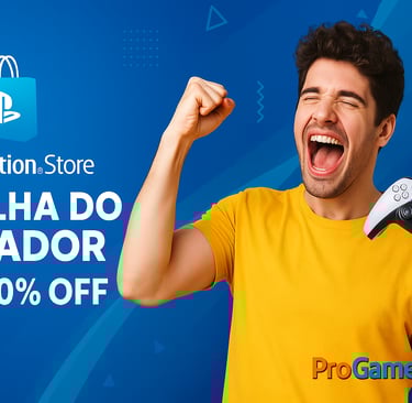 Gamer segurando controle PS5 comemorando desconto de até 90% na promoção “Escolha do Jogador” da PS