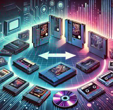 Evolução dos jogos, mostrando a transição de mídias antigas para o digital, com um visual cyberpunk.