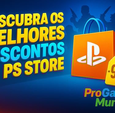 Sacola de promoção inspirada na PS Store com visual neon e destaque de desconto.