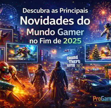 Ilustração horizontal mostrando lançamentos, eventos e tendências do mundo gamer no fim de 2025.
