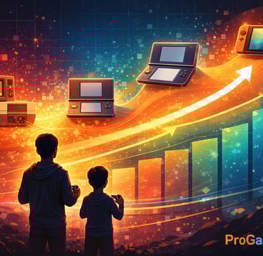 Ilustração mostrando a evolução dos consoles da Nintendo ao longo das gerações de videogames